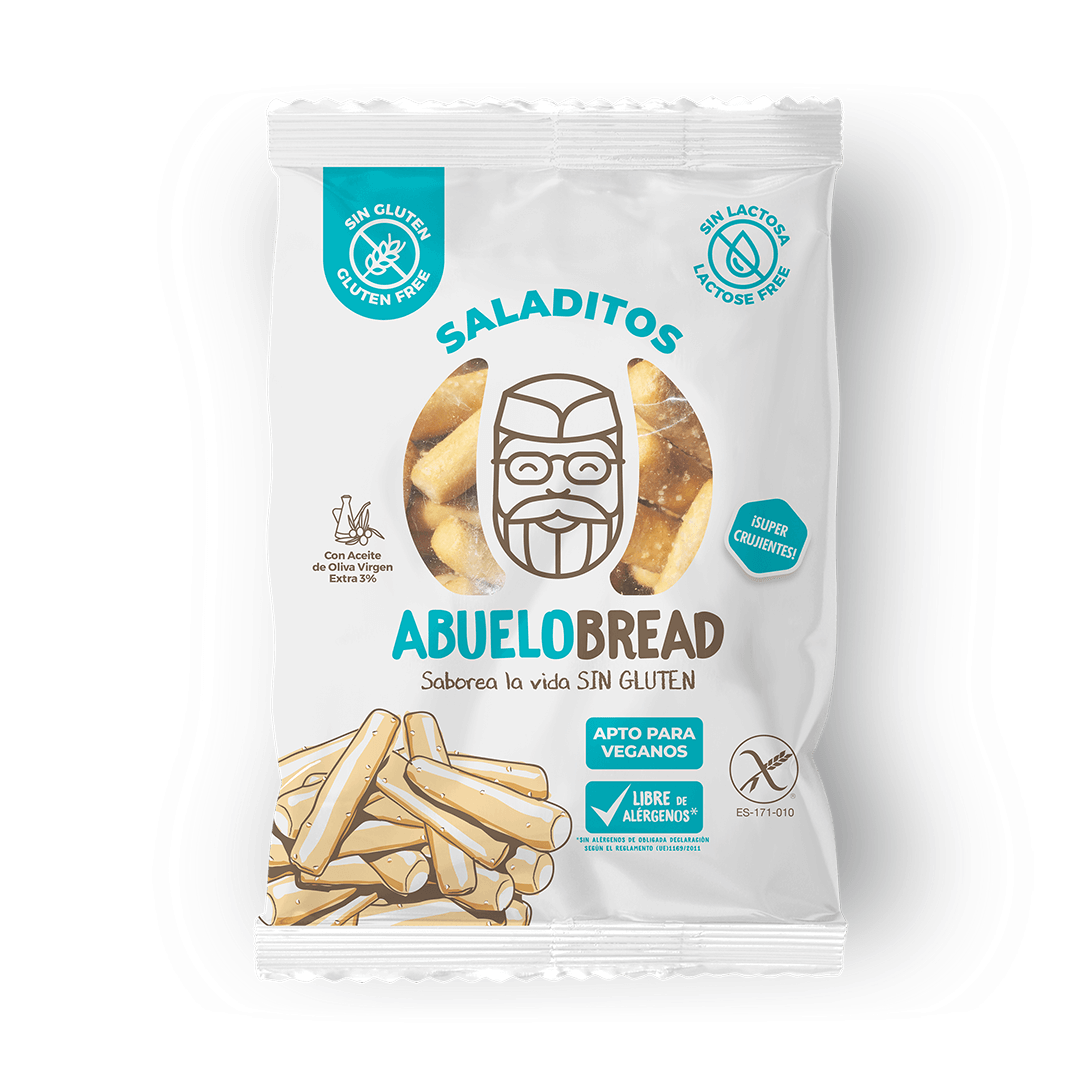 Bolsa de saladitos sin gluten de la marca abuelo bread.